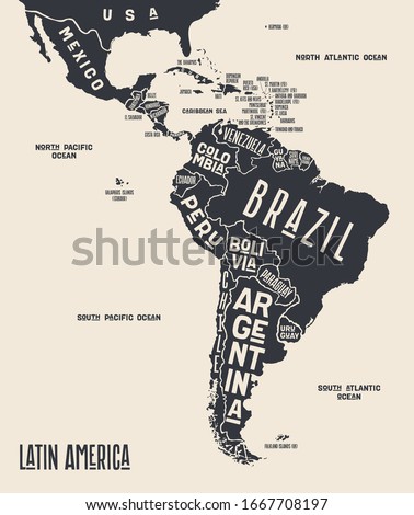 Map Latin America. Poster map of Latin America. Black and white print map of Latin America for t-shirt, poster or geographic themes. Hand-drawn graphic map with countries. Vector Illustration