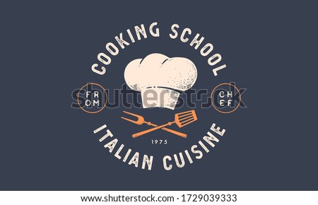 Food logo. Logo for Cooking school class with icon bbq tools, grill fork, spatula, text typography Coocking School, Cuisine. Graphic logo template for cooking cuisine course. Vector Illustration