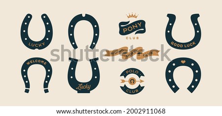 Lucky horseshoe. Set of horseshoes, graphic and lucky symbols. Design elements, set drawing, vintage hipster style. Horseshoe, typography, ribbon and good luck fortune sign. Vector Illustration