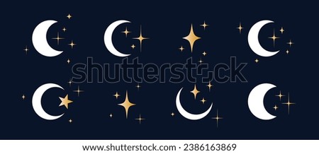 Moon with stars set. Half moon, crescent with star, night sky background. Half moon symbol, graphic elements, light star shapes graphic, boho witch mystic crescent icon collection. Vector Illustration