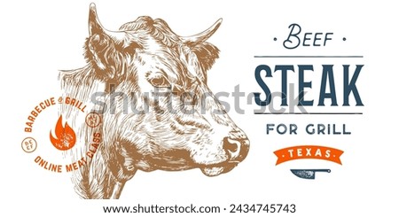 Cow, bull, beef head, meat tag label. Template Meat Tag Label. Vintage print, tag, label pig sketch ink pencil drawing. Butchery cow, bull, beef head meat shop, text, typography. Vector Illustration