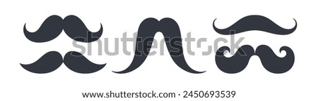 Black set mustaches. Collection silhouette black vintage moustache isolated on white background. Symbol of Fathers day, sign for Barber Shop. Retro curly hipster moustaches. Vector illustration