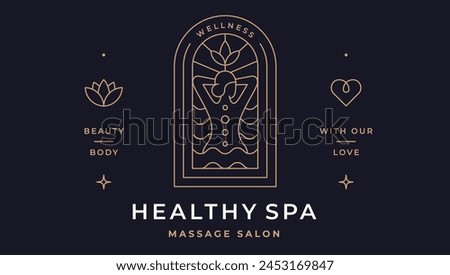 Healthy Spa Massage Salon Label. Minimalist line art logo template. Simple modern design line graphic spa beauty massage salon badge. Symbol line icon spa salon sign. Vector Illustration