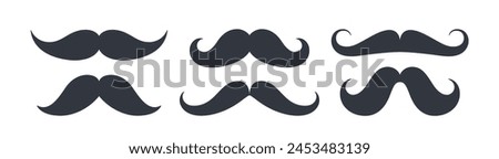 Black set mustaches. Collection silhouette black vintage moustache isolated on white background. Symbol of Fathers day, sign for Barber Shop. Retro curly hipster moustaches. Vector illustration