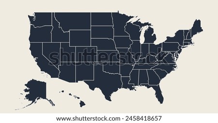 USA Map. Poster map of United States of America. Black and white print of USA with states, poster or geographic, political theme. Black and white print map of USA states. Vector Illustration