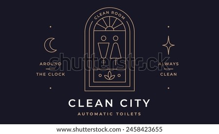Clean City WC Label. Minimalist line art logo template. Simple modern design line graphic toilet restroom wc bathroom badge. Symbol line icon toilet restroom wc bathroom sign. Vector Illustration