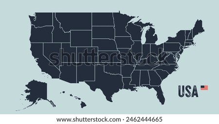 USA Map. Poster map of United States of America. Black and white print of USA with states, poster or geographic, political theme. Black and white print map of USA states. Vector Illustration