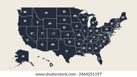 USA Map. Poster map of United States of America. Infographic design, USA with states, poster or geographic, political theme. Print map of USA states, silhouettes outline. Vector Illustration