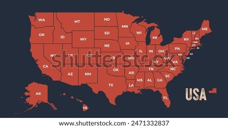 USA Map. Poster map of United States of America. Infographic design, USA with states, poster or geographic, political theme. Print map of USA states, silhouettes outline. Vector Illustration