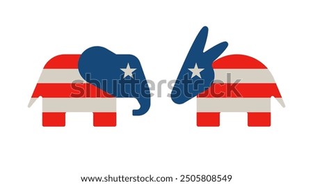 USA election. Republican elephant, Democrat donkey. Iconic symbols of USA, Republican and Democrat parties sign. American political identity, donkey, elephant logo. Vector Illustration.