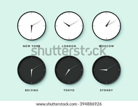 Set of day and night clock for time zones different cities. Black and white watch on a menthol background. Vector Illustration