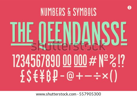 Hand-drawn condensed alphabet, font. Tall and thin uppercase letters, alternate characters, numbers, symbols. Hand-drawn sketch narrow sans serif font The Qeendansse, part Three. Vector Illustration