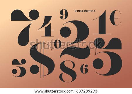 Font of numbers in classical french didot style with contemporary geometric design. Beautiful elegant stencil numeral, dollar and euro symbols. Vintage and retro typographic. Vector Illustration