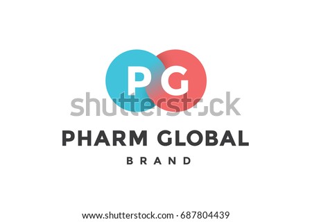 Emblem of business company with two circle, letter P, G, text Pharm. Logo template of two merged circles for brand. Logo, signs, labels, identity, badges for business brands. Vector Illustration