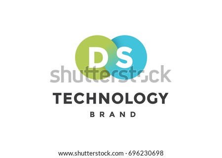 Emblem of business company with two circle, letter D, S, text Technology. Logo template of two merged circles for brand. Logo, signs, labels, identity, badges for business brands. Vector Illustration