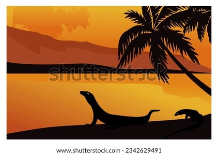
silhouette vector background, panorama of komodo island in indonesia. view of Komodo Island at sunset with silhouettes of coconut trees and Komodo dragons on the edge.