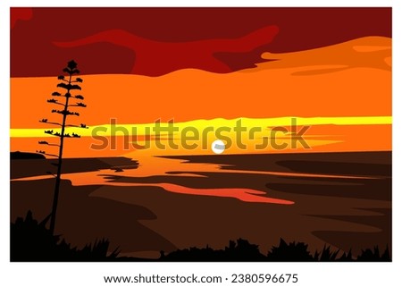vector Silhouette of lake landscape sunset time - wallpaper - background