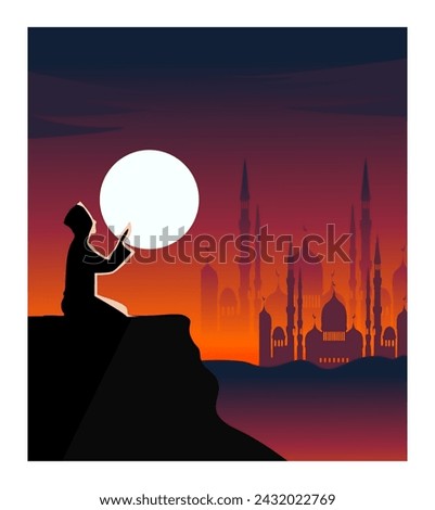 
vector background, men praying in the middle of the night full moon with a beautiful natural panorama, and the mosque building adds to the coolness of the heart.