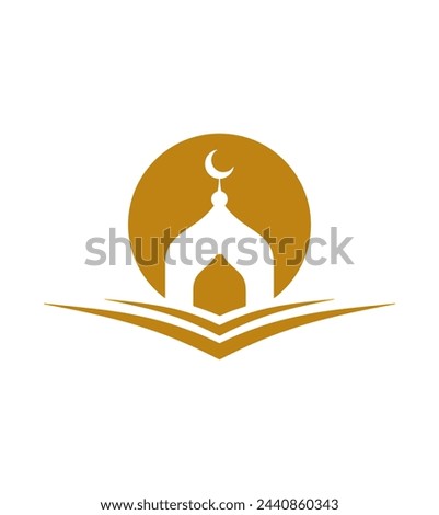 Al-Quran mosque logo. Islamic theme, gold color, mosque objects, Al-Quran, moon. , circular, simple, modern.