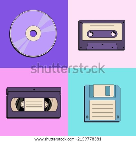 Retro floppy disk, compact disc, vintage cassette, video record icons in flat style isolated on color background. Back to 90s. Nostalgia for 1990s equipment