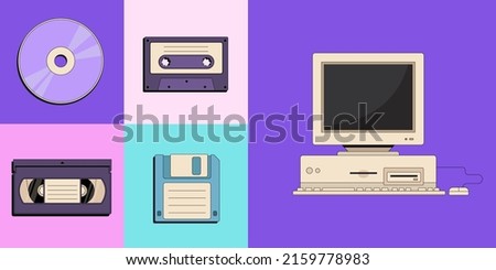 Back to 90s. Old fashioned vector flat set of old computer pc, vintage video cassette, retro floppy disk, tape recorder cassette and compact disc. Nostalgia for 1990s