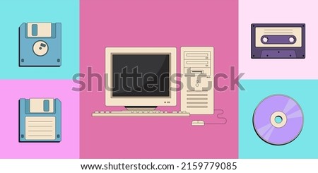 Back to 90s. Flat vector set of old computer pc, vintage video cassette, retro floppy disk, tape recorder cassette and compact disc.
Nostalgia for 1990s