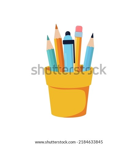School or office cup for pen and pencil on white background. Cartoon flat stationery vector illustrations.
