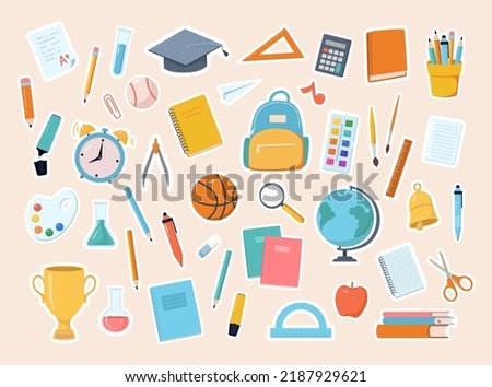 Back to school collection of stickers with supplies, stationery, books, globe, chemical flask, sports equipment, alarm clock, drawing, winners cup and bell. Cartoon flat vector illustration.