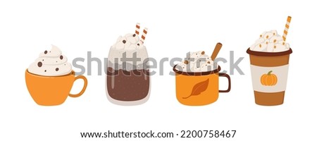 Set of different coffee vector illustration. Mug with cappucino, pumpkin latte, hot chocolate isolated on white background.  Hot drink cartoon icons in hand drawn style. 