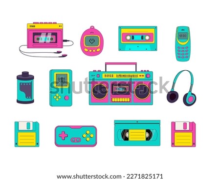 Set of 90s elements in modern style. Old-fashioned Audio player, cassette, floppy disk, boombox, push-button telephone, game console vector illustration. Nostalgia for 1990s. 