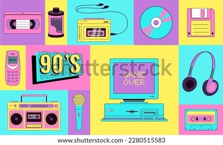 Set of 90s 00s retro devices in modern style. Vintage audio player, cassette, old pc, floppy disk, music box, mobile telephone, skate, game console vector illustration. Nostalgia for 1990s. 
