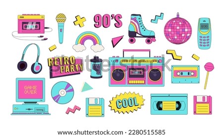 Set of 90s 00s retro devices in modern memphis style. Vintage audio player, cassette, old pc, floppy disk, mobile telephone, skate, game console vector illustration. Nostalgia for 1990s. 