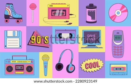 Collection of 90s elements: old pc, phone, audio player, cassette, CD, microphone, headphones, floppy disk, roller skate. Geometric poster in pop art style. Flat vector illustration