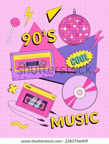 Retro 90's music festival poster, invitation card or banner with audio player, cassette, disco ball and geometric elements. Disco vector background illustration. Memphis style.