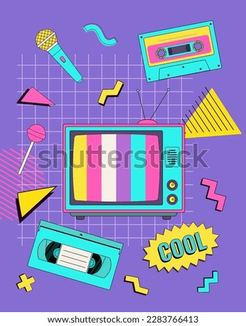 TV, tape, video cassette, microphone 90's elements poster with geometric elements. Vector illustration. Memphis style. Nostalgia for the 90s. Background, cover design, book design, and greeting card