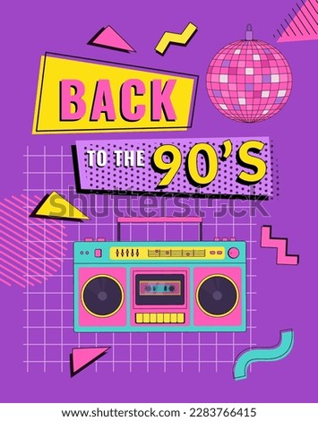 Back to the 90's poster, invitation card or banner with boombox and geometric elements. Retro party vector background illustration. Memphis style.
