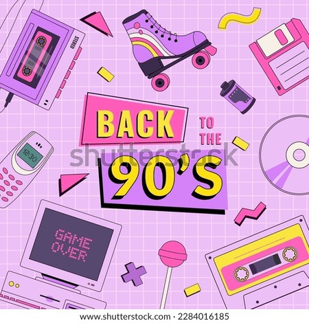 Back to the 90's poster with vintage element. Invitation card with old pc, phone, audio player, cassette, floppy disk, CD, roller skate and geometric elements. Retro vector illustration. Memphis style
