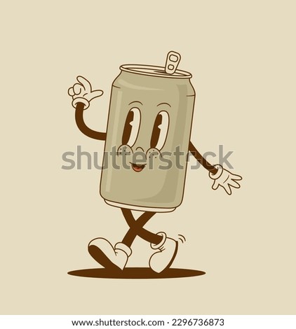 Cartoon retro 70s soda metal can cartoon character. Vintage funny mascot bottle beverage vector illustration. 
