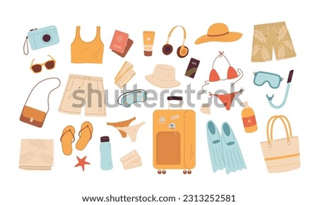 Cartoon summer travel baggage and beach accessories vector illustration. Vacation summer stuff for sea activities. Snorkeling, shorts, bikini, camera, hat, suitcase