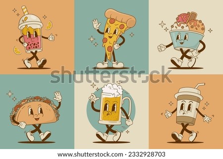Set of retro cartoon funny characters. Pizza, beer, cappuccino, taco, bubble tea, ice cream mascot. Vintage street food and drink vector illustration. Nostalgia 60s, 70s, 80s