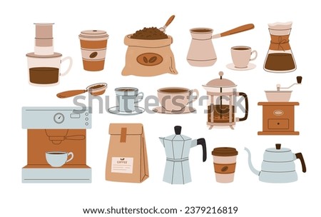 Set of coffee accessories and brewing methods. Coffee machine, beans packaging, grinder, cup, cezve, geyser vector illustrations. 