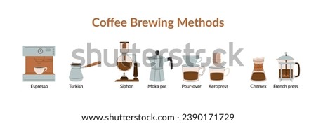 Alternative coffee brewing methods. Coffee machine, french press, moka pot, siphon, pour over, aeropress, espresso vector illustrations.