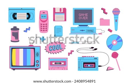 Set of 90s, y2k retro devices vector illustration. Vintage audio player, cassette, old pc, floppy disk, mobile telephone, microphone, tv, candy icons. Nostalgia for 1990s.