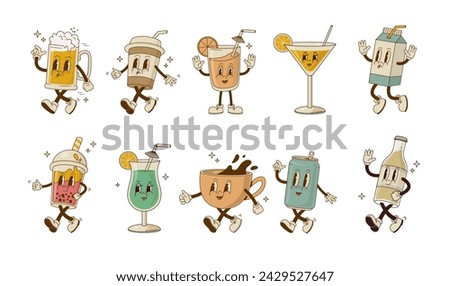 Set of retro cartoon drink characters vector illustration. Beverage mascot collection. Vintage beer, juice, coffee, cappuccino, latte, can, alcohol coctail, soda, smoothie on white background. 