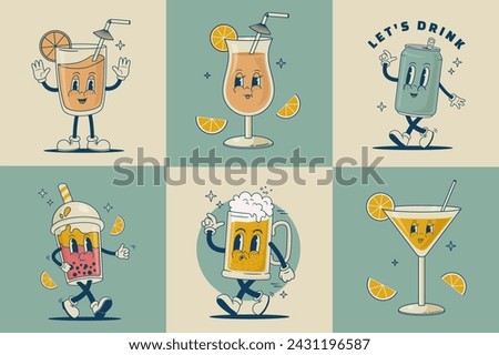 Set of retro cartoon funny drink characters vector illustration. Beverage mascot collection. Vintage beer, juice, coffee, can, alcohol coctail, soda, smoothie.