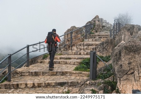 Similar – Image, Stock Photo Unrecognizable traveler walking up hill along road