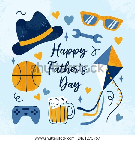 Happy Father's Day concept. Festive square card with hand drawn textured male stuff and handwritten text on blue background in flat style. For cover, poster, social media. Hat, kite, gamepad, beer