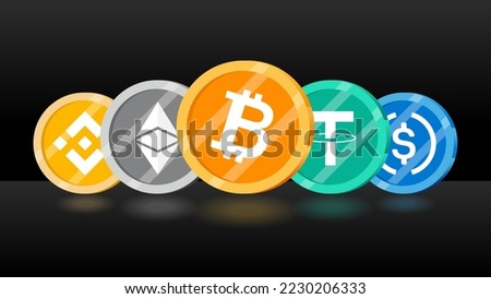 Cryptocurrencies top 5 by market capitalization. November 2022. Bitcoin, Ethereum, Binance, Tether and USD coin on black background. Vector Illustraton