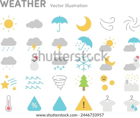 Weather icon set in flat style. Vector illustrations of sunny, cloudy, rain, snow, pollen, etc.