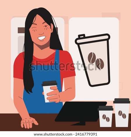 barista offers coffee at counter in flat illustration